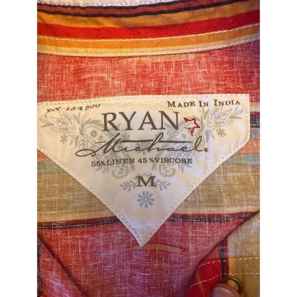 Ryan Michael Red Striped Linen Blend Button-Down Shirt Dress M Western - Picture 3 of 5